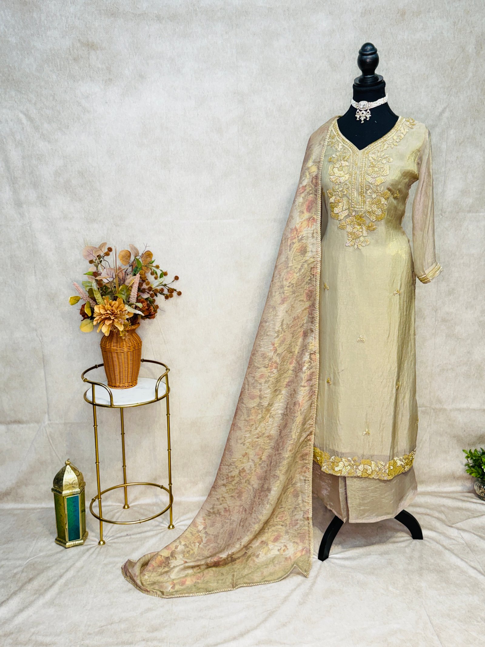 Ivory Gold Floral Embroidered Suit Set